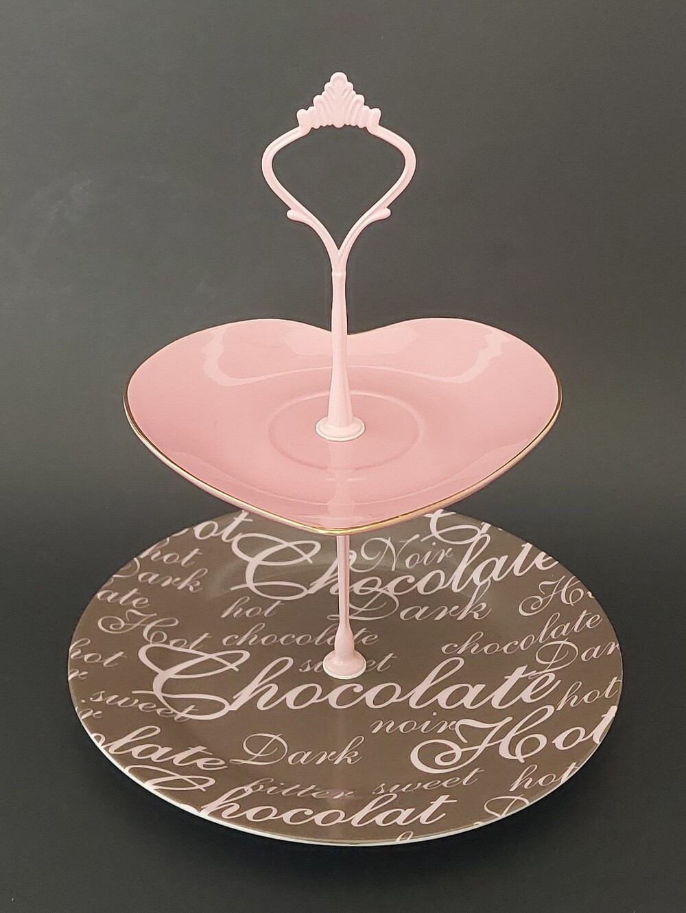 Pink Heart & Chocolate Script 2-Tier Cake Stand Vintage Style
